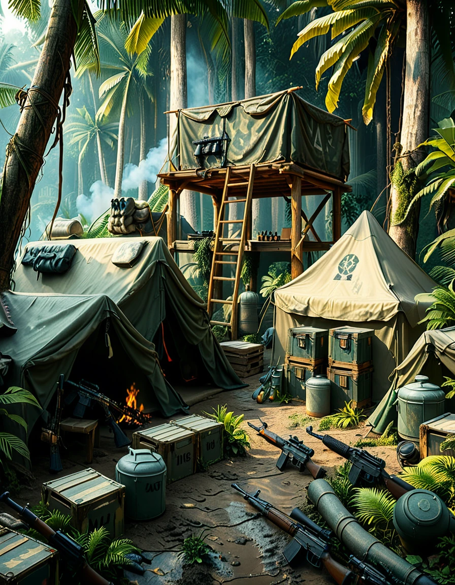 A high-resolution photograph captures a rugged mercenary camp set deep in a dense jungle at dusk. The camp is illuminated by flickering torchlight and the soft glow of portable LED lamps. Tents made of camouflage fabric are scattered around, some reinforced with sandbags. In the center, a group of battle-hardened mercenaries, clad in tactical gear and carrying assault rifles, sit around a makeshift table, studying a map with intense focus. Nearby, a few soldiers clean their weapons while others stand guard, scanning the perimeter. A military jeep, covered in mud, is parked beside a stack of crates marked with ammunition symbols. Smoke rises from a small firepit where a kettle boils, adding to the gritty yet atmospheric realism of the scene. The air is thick with tension and the sounds of distant wildlife. The image is ultra-detailed, with cinematic lighting and a dramatic, high-contrast color palette, emphasizing the dangerous and clandestine nature of the camp.<lora:SDXLFaeTastic2400:0.4> <lora:extremely_detailed:0.4> extremely detailed, <lora:mercenary_c4mp:1>,mercenary c4mp, Masterpiece,best quality,hi res,8k,hi res,8k,award winning,(sharp focus, intricate, highly detailed),
