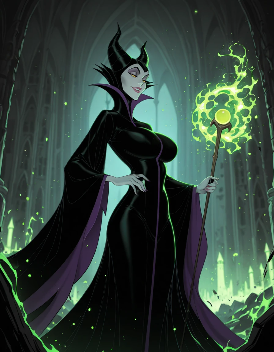 masterpiece, best quality, 1girl, solo, absurdres,
Maleficentdg,
colored skin, yellow sclera, black eyes, lips,
horned headwear, wide sleeves, high collar, black cape,
large breasts,
high up , Standing with one hand on the waist,
half-closed eyes, smile, parted lips,
castle, interior,
blurry background,
lips, eyelashes, eyeliner,
holding staff, battle, fighting stance,green magic, lips,
neon lights, glowing, dim_lighting,
blurry background,
destruction, fantasy,
embedding:SmoothQuality,