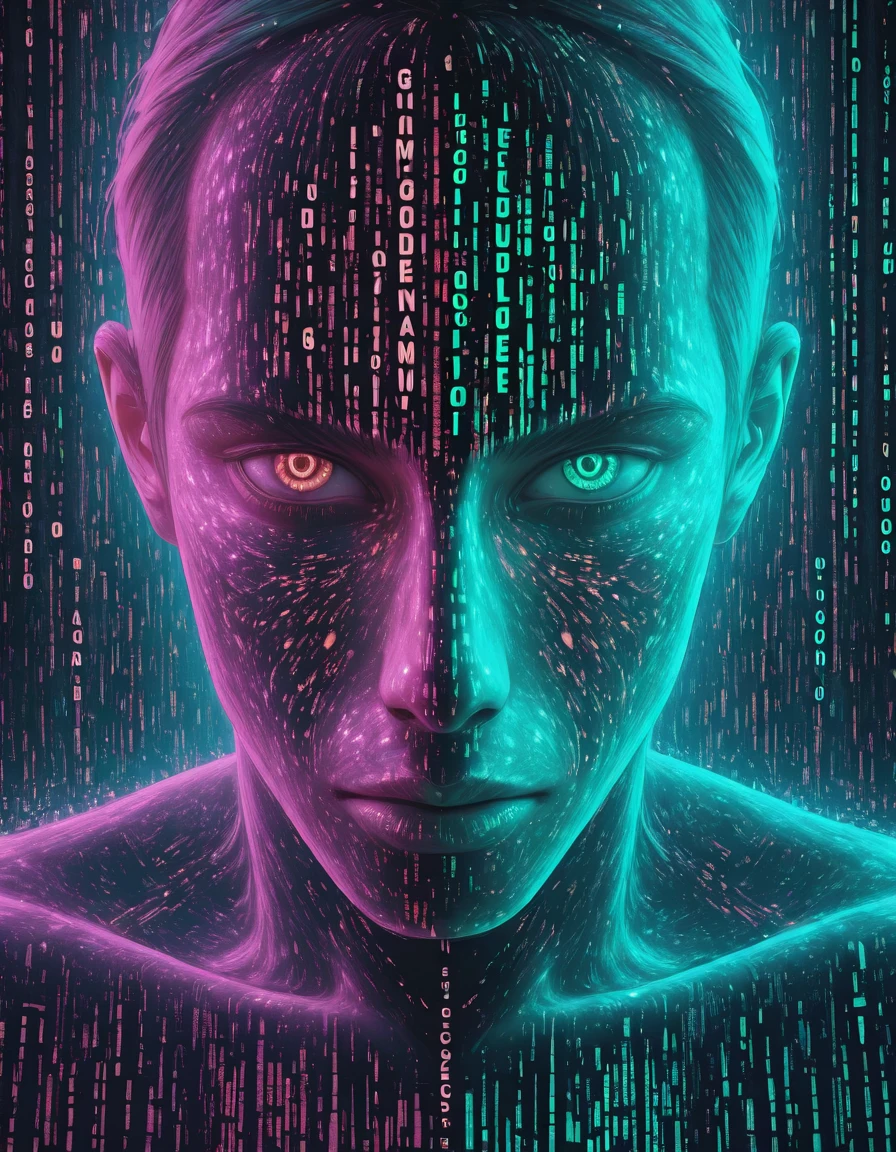Glitchcore Art Style, detailed, mmatrix-style, silhouette, code, text focus, glitch, digital dissolve, 1boy, dynamic, dramatic, distorted, vibrant colors, glitchcore art style