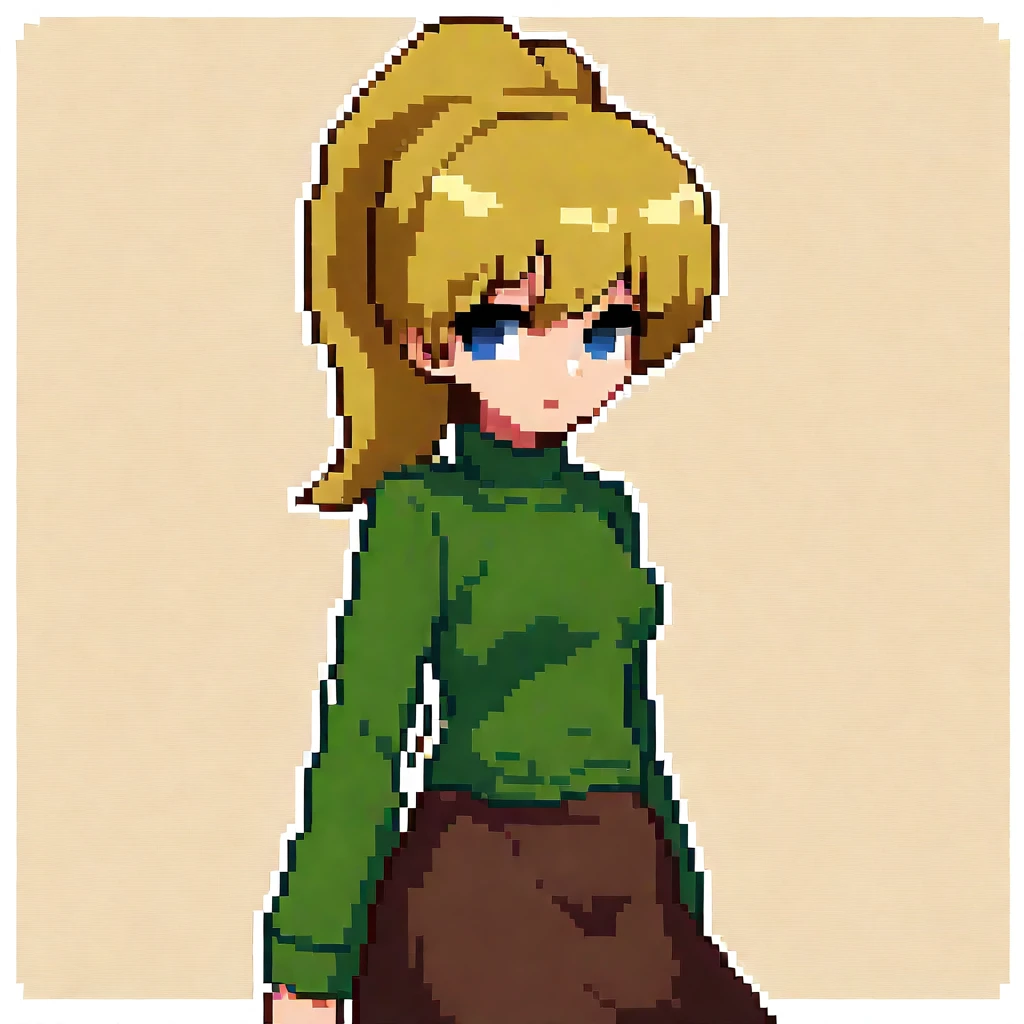 <lora:Pixel_Art:1> Pixel_Art
<lora:Poniko-ILL:1> poniko, 1girl, solo, ponytail, blonde hair, blue eyes, turtleneck, green shirt, long sleeves, brown skirt