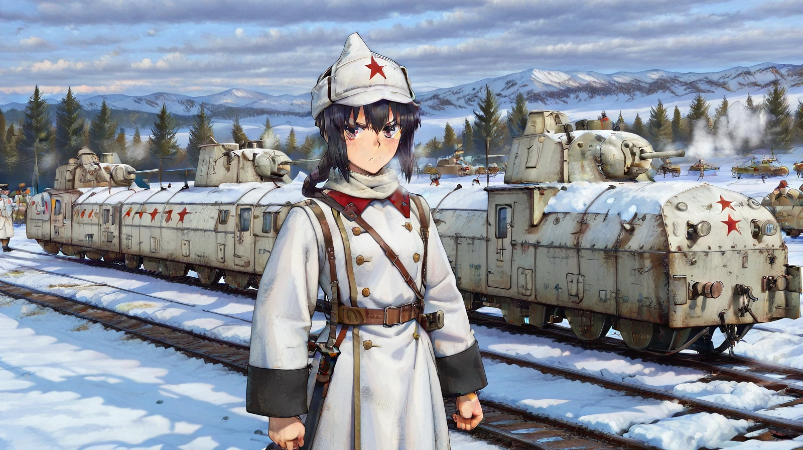 masterpiece, best quality, absurdres, detailed skin, detailed face, detailed eyes, anime colored, anime screencap, anime colored,
<lora:Yamato_Takeru:0.8>, yamato takeru, 1 boy, looking at viewer, solo, serious,
<lora:Soviet_Red_Army-1918:0.8>, red army uniform, white coat, white hat, soviet, female focus, sheath,
<lora:armored_train:0.7>, armored train, caterpillar tracks,
plain, snow, winter,