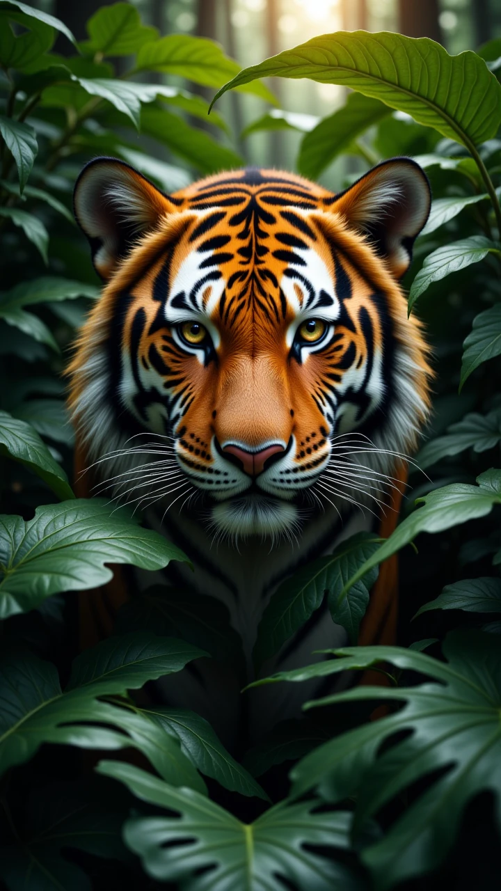 A tigers face layered with dense, tropical jungle foliage and sunlight filtering through the leaves, <lora:ILPonyMixv2:1>,