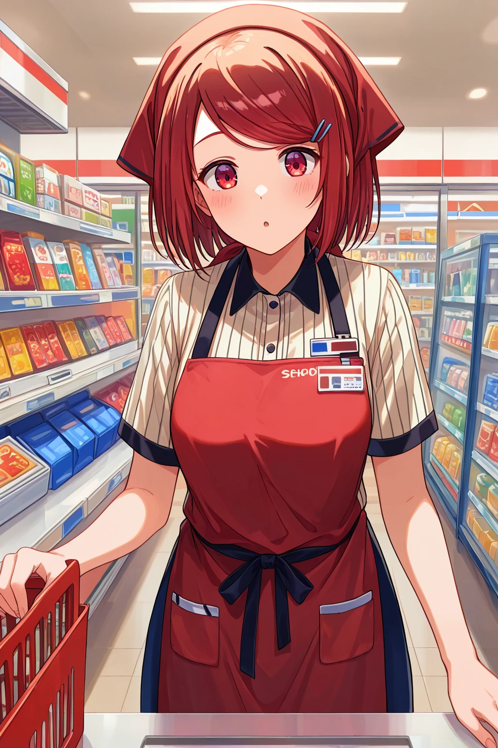 masterpiece, best quality, absurdres, safe
1girl yamada swept bangs short hair hairclip red hair red eyes
red apron, head scarf
shop, convenience store
<lora:smoking_manga_il_2:1>