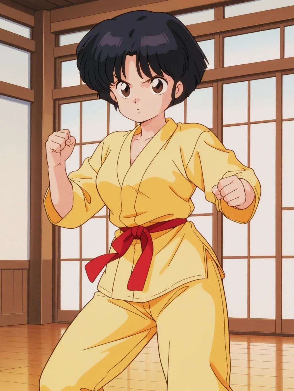 masterpiece, best quality, newest, absurdres, highres, detailed eyes, beautiful, detailed background, perfect eyes, anime coloring, masterpiece, best quality, newest, absurdres, highres, detailed eyes, beautiful, detailed background, perfect eyes, anime coloring, retro artstyle, 1990s \(style\),  1girl, solo, tendou akane, black hair, short hair, brown eyes, medium breasts, dougi, yellow jacket, long sleeves, martial arts belt, yellow pants, barefeet, fighting stance, (indoors, dojo), <lora:4k4n3_rnm-08:0.8>