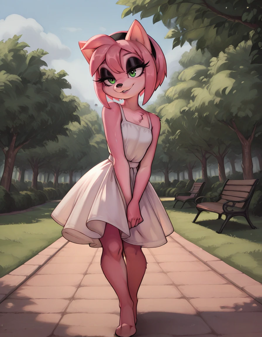 masterpiece, best quality,
outdoors,park, 
full body,seductive smile,parted lips,long eyelashes,
sundress, 
 <lora:AmyBlackRose_v03_ILXL:1>,
AmyBlackRose,1girl,solo,furry female,short hair,bangs,sidelocks,pink hair,black hairband,animal ears,green eyes,animal nose,makeup,body fur,pink fur,