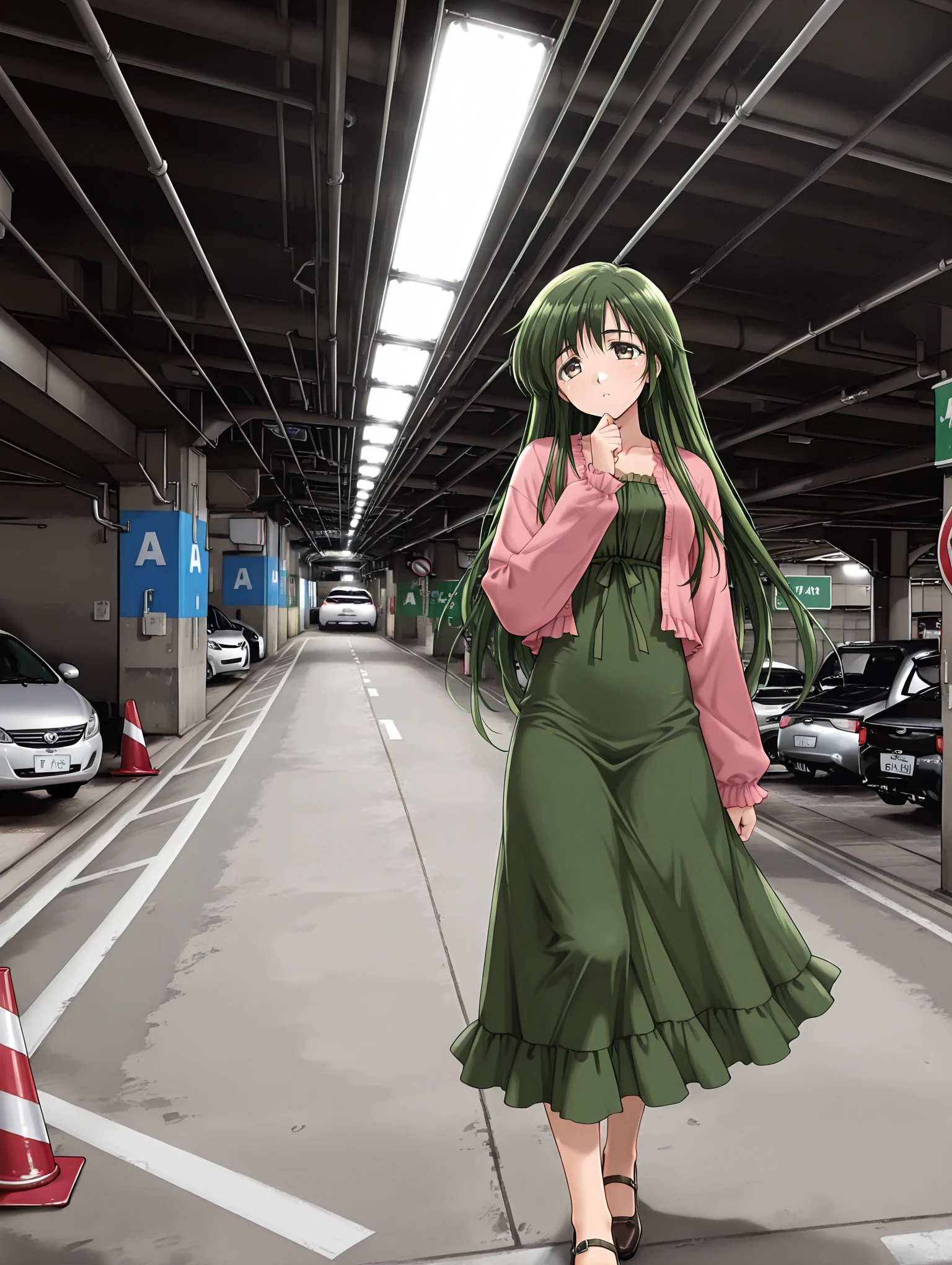 masterpiece,best quality,newest,1girl,solo,
<lora:harue_ilxl_v1.3:1>,harue,very long hair,green hair,brown eyes,h1_clothes,pink cardigan,long sleeves,green dress,frills,<lora:Fixhands_anime_bdsqlsz_V1:1>,<lora:mpl_ilxl_v1:1>,m_p_l,car,ground vehicle,road sign,traffic cone,vanishing point,high ceiling,sports car,