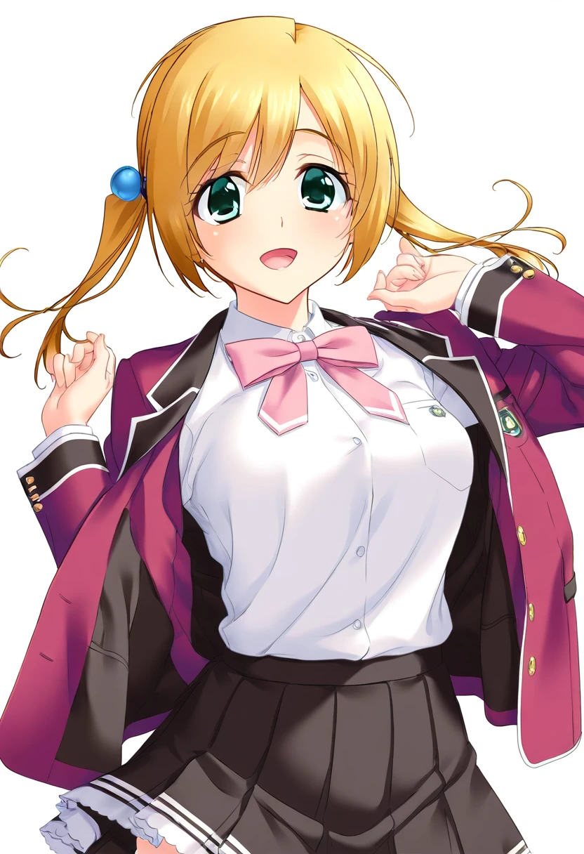 <lora:kohinataIL:0.8>k0hinata,solo,twintails,green eyes,blonde hair,hair bobbles,school uniform,red blazer,black skirt,bow, very awa, masterpiece, best quality, amazing quality, very aesthetic, absurdres, sensitive, newest <lora:spo_sdxl_10ep_4k-data_lora_webui:0.7>,
