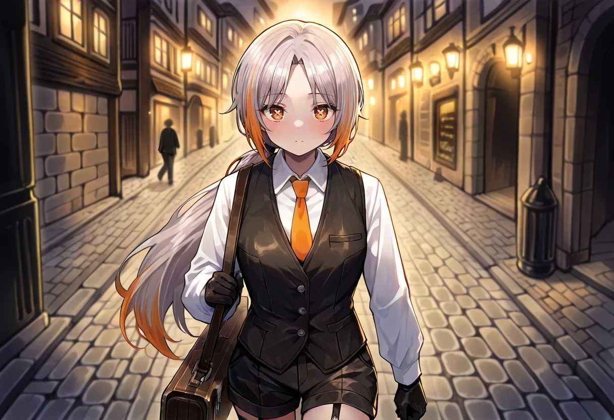 masterpiece,ambient lighting,best quality,amazing quality,very aesthetic,absurdres,newest,1girl,solo,(long hair:0.4),low ponytail,gray hair,parted bangs,(multicolored hair,hair streaks),(hair streaks on the right side,orange hair streaks:0.8),orange eyes,(white pupils),((X-shaped pupils)),white shirt,collared shirt,cotton vest,black vest,orange tie,long sleeves,black shorts,garter,black gloves,leather gloves,Gakuran,upper body,face focus,x-shaped pupils,charming café terrace, cobblestone street,(cyan lighting:0.75),<lora:XcrossShapedPupilsDwnsty:0.5>,kuudere,<lora:parted_intakes:0.5>,parted bangs,<lora:Limbus6:0.65>,Walking, pulling a suitcase, <lora:narrowed-eyes-ponyxl-lora-nochekaiser:0.45>