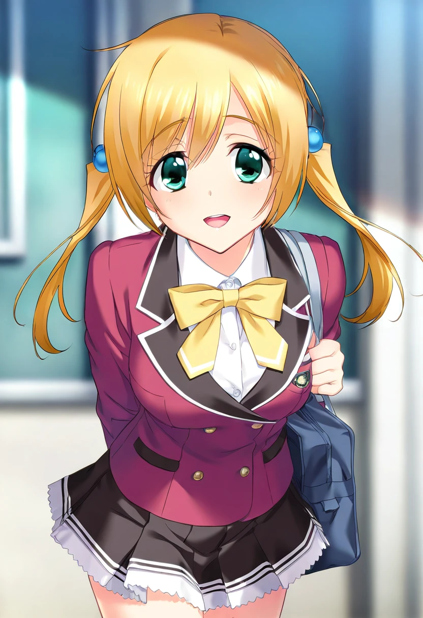 <lora:kohinataIL:0.8>k0hinata,solo,twintails,green eyes,blonde hair,hair bobbles,school uniform,red blazer,black skirt,bow, very awa, masterpiece, best quality, amazing quality, very aesthetic, absurdres, sensitive, newest <lora:spo_sdxl_10ep_4k-data_lora_webui:0.7>,