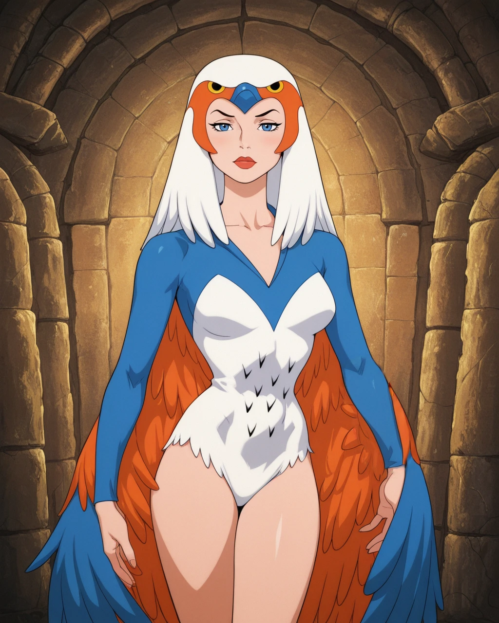 masterpiece,best quality,amazing quality, absurdres, 1girl, solo, <lora:motu_sorc_il:1> motu_sorc, sorc, avian headdress, blue eyes, blue white leotard, orange feather cape, western animation /style/, looking at viewer, standing