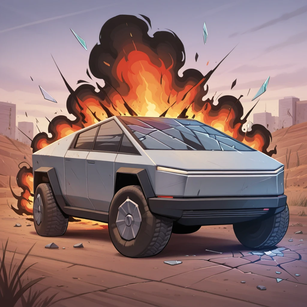 masterpiece, best quality, cybertruck, no humans, outdoors, <lora:Cybertruck_illustrious_Leaf1:1>, shattered, burning,