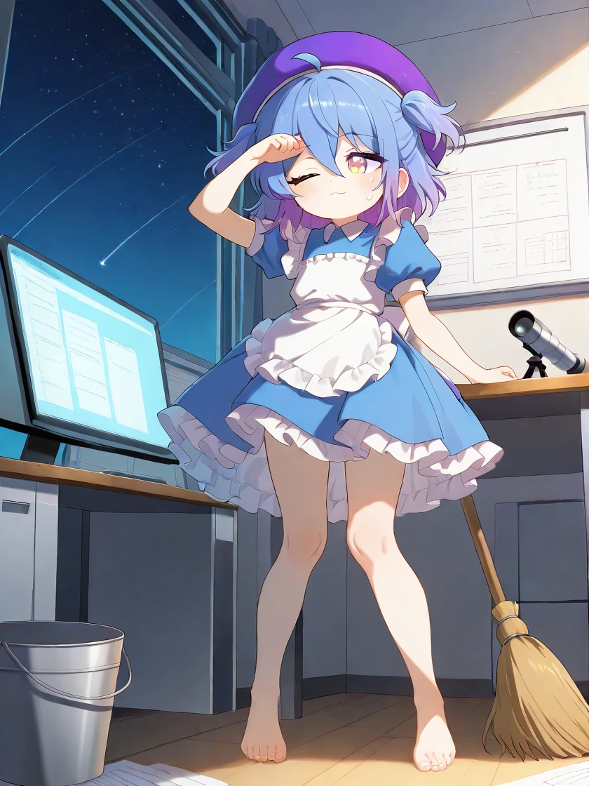 score_9, score_8_up, score_7_up,source_anime, high res image, (masterpiece, best quality, newest, absurdres, highres:1.4), clear skin,
(shiny skin, glistening skin, shiny body, shiny face:0.6), <lora:Expressive_H:1>, expressiveh, <lora:add-detail-xl:1>,
1boy, solo,
<lora:coco_euphorianic_illustrious-10:1>,
coco (euphorianic), (cute face:1.2),
:3,
flat chest,
barefoot, bare legs,
feet, full body,
headwear, purple headwear, blue headwear, purple headwear, hat, large hat, beret,
purple eyes, orange eyes, yellow eyes, multicolored eyes, bright pupils,
blue hair, purple hair, multicolored hair, two-tone hair, gradient hair, short hair, two side up, short twintails, medium hair,
ahoge, hair between eyes, bangs,
coco (euphorianic) (maid),
enmaided,
dress, blue dress, collared dress, short sleeves, puffy sleeves, puffy short sleeves, frilled dress,
apron, white apron, maid apron, frilled apron, waist apron, frills,
skirt, blue skirt, petticoat,
standing, bucket, wiping forehead, sweat, one eye closed, broom,
monitor, starry sky, desktop, table, white walls, telescope, falling star, computer, whiteboard, indoors, laboratory, microscope, sheets of paper, observatory dome