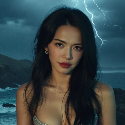 1 girl Nude portrait, long nipples,huge breasts and slender waist, heavy rain and lightning, with towering waves behind,looking at viewer