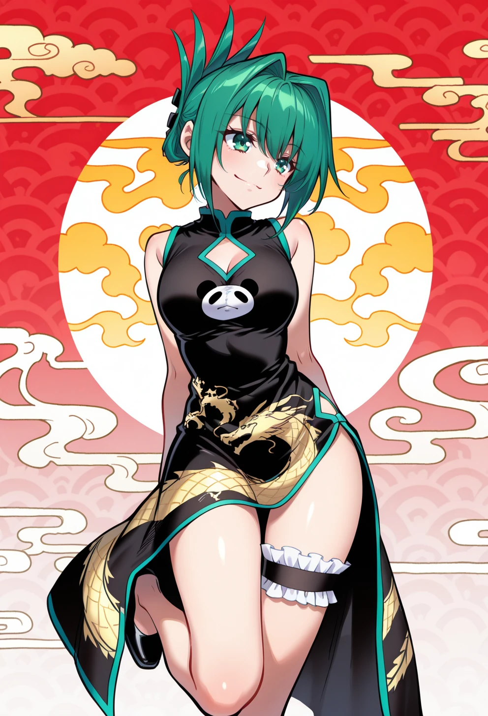 masterpiece, best quality, high quality, anime, <lora:AEJun:0.9>
AEJun, green eyes, green hair, hair intakes, folded ponytail, bare shoulders, black dress,  sleeveless dress, cleavage cutout, dragon print, side slit, panda print, bridal garter, black footwear, 
 <lora:AERingoIlx:1> smile,