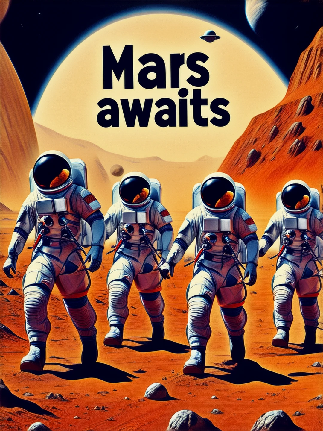 Movie poster art. (text: "Mars awaits"). People in space suits. Sloping/slanted text.
Classic art deco style. With movie credits.
rtropopCE_style