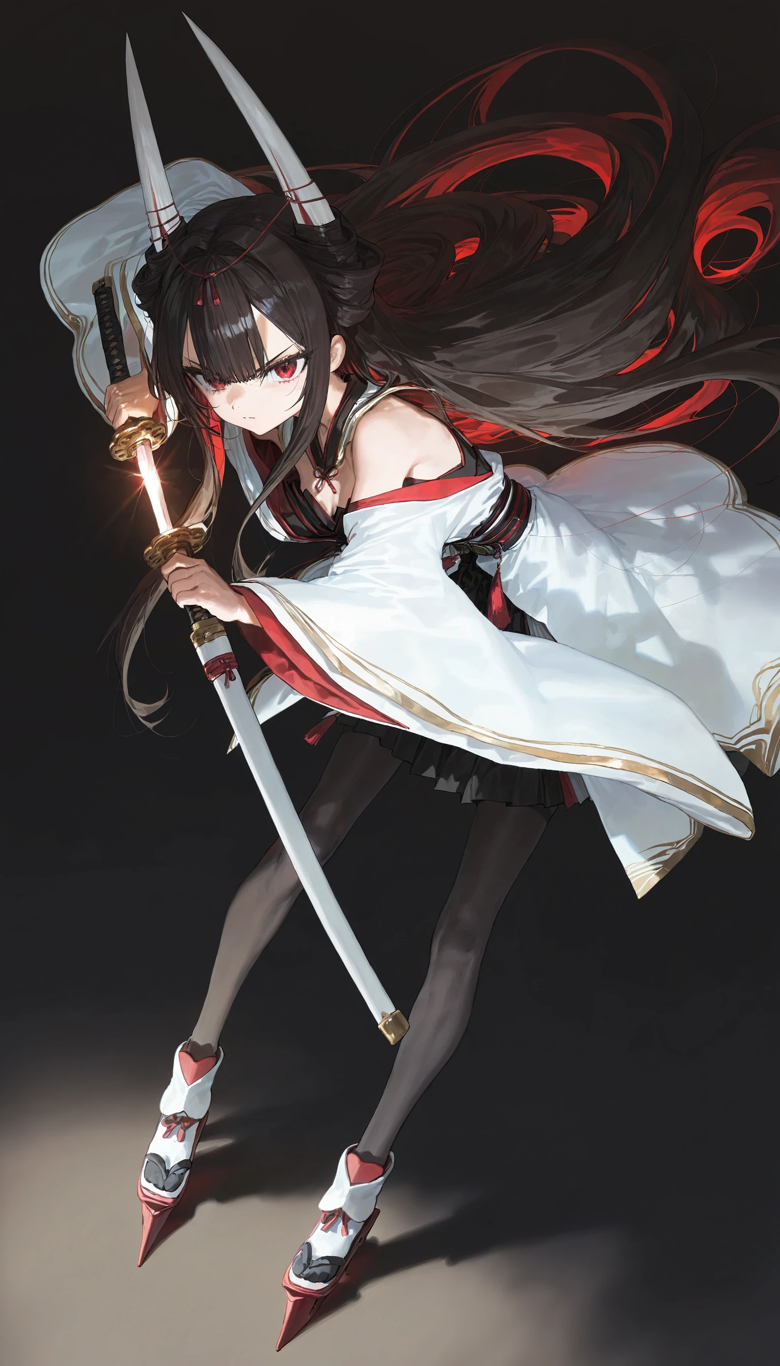 In front of a huge Chinese loft，Image of a female swordsman holding a sword and a large number of swords，seductiveexpression,Fitted white robe ,black lence stockings，A bunch of black hair，green-eyed,front poses，typhoon，salama，Thunder，Style Artgerm, Full body detail 4K，Dreamlike，and its detailed full-body detail 4K