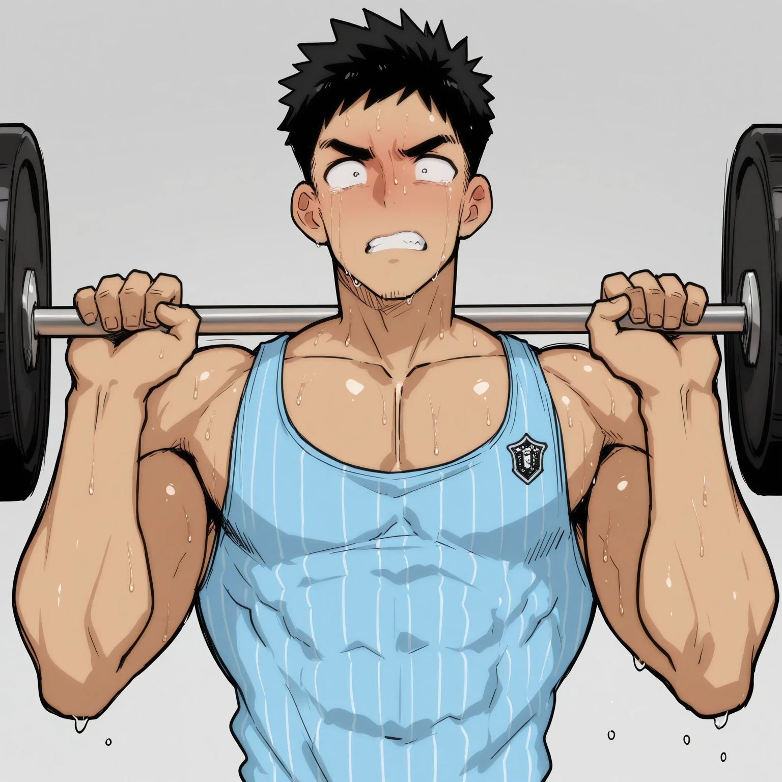 masterpiece, best quality, amazing quality, very aesthetic, absurdres, newest, (male:1.4), bara, solo, lifting weights, enraged, sweating, constricted pupils, singlet, sweating, upper body, clenched teeth, (gym:1.2)