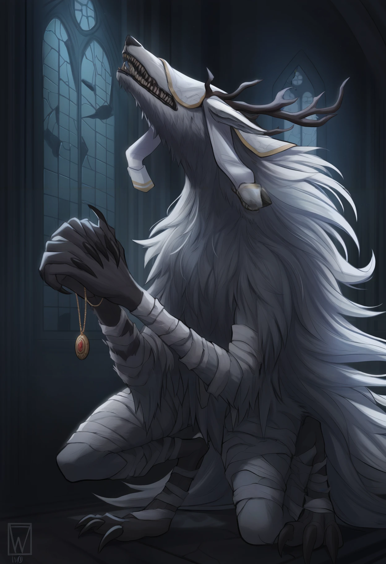 masterpiece, best quality, newest, hdr, dark, night, indoors, church, broken window, alter, closed mouth, solo, 1ma1v0r, amulet, antlers, white bandages, bandaged arm, bandaged leg, claws, digitigrade, monster, sharp teeth, fangs, snout, white veil over eyes, covered eyes, werewolf, white fur, white hair, long hair, no humans,
holding amulet, own hands together, praying
<lora:Vicar Amelia:1>