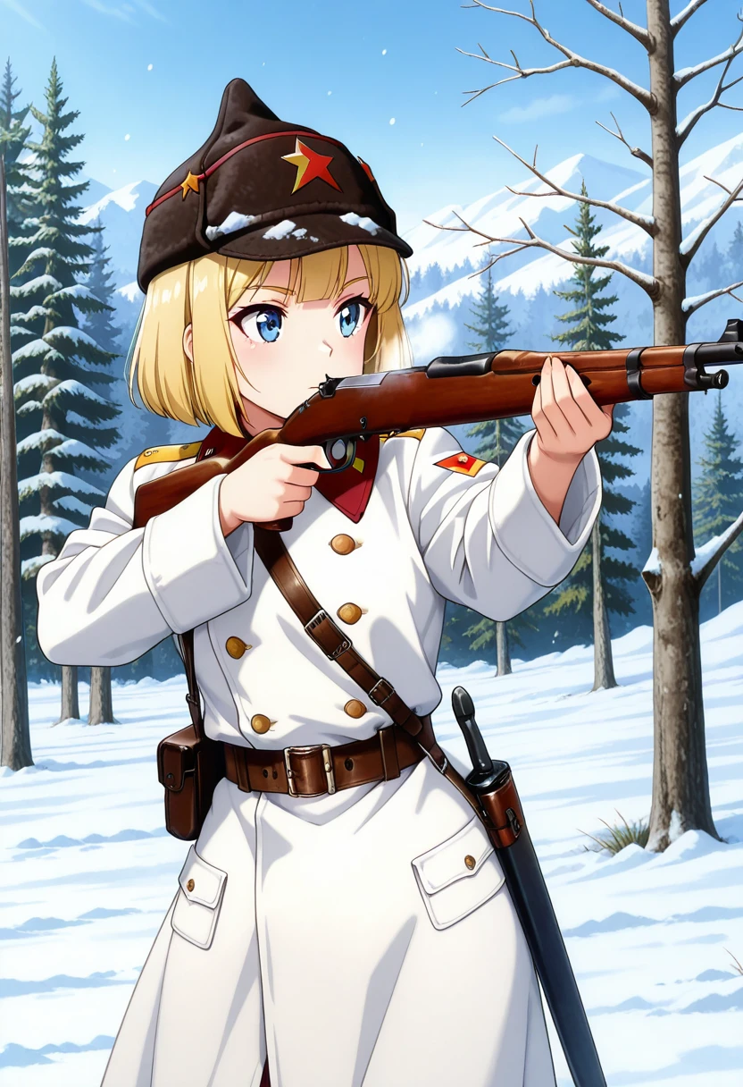 masterpiece, best quality, absurdres, detailed skin, detailed face, detailed eyes, anime colored, anime screencap, anime colored,
1 girl, blue eyes, blonde hair, medium hair, bob cut,
<lora:Soviet_Red_Army-1918:0.8>, red army uniform, white coat, cowboy shot, hat, belt, sheath, soviet,
aiming, holding weapon, mosin-nagant,
outdoors, plain, tree, snow, winter,