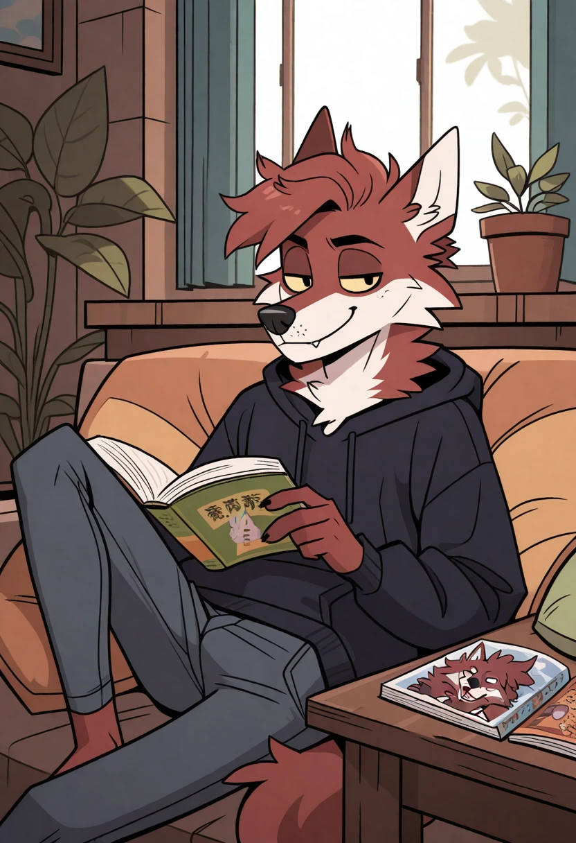 best quality, amazing quality, very aesthetic, absurdres, newest, by cocadope, solo, room, plants, BREAK
furry, male, 1boy, wolf, reading book, smug face, <lora:Cocadope_style_Illustrious:1>