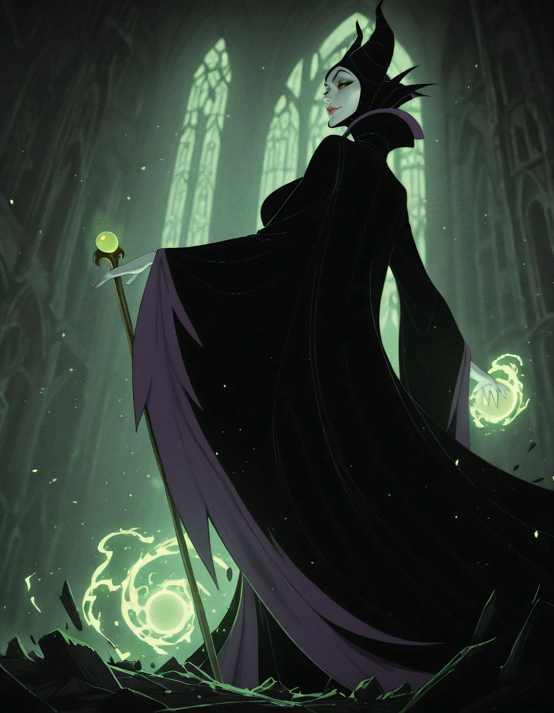 masterpiece, best quality, 1girl, solo, absurdres,
Maleficentdg,
colored skin, yellow sclera,
horned headwear, wide sleeves, high collar, black cape,
large breasts,
straight-on , Standing, arm extended in a stop gesture,
half-closed eyes, smile, parted lips,
castle, interior,
crow on shoulder,
blurry background,
lips, eyelashes, eyeliner,
holding staff, battle, fighting stance,green magic, lips,
neon lights, glowing, dim_lighting,
blurry background,
destruction, fantasy,
embedding:SmoothQuality,
