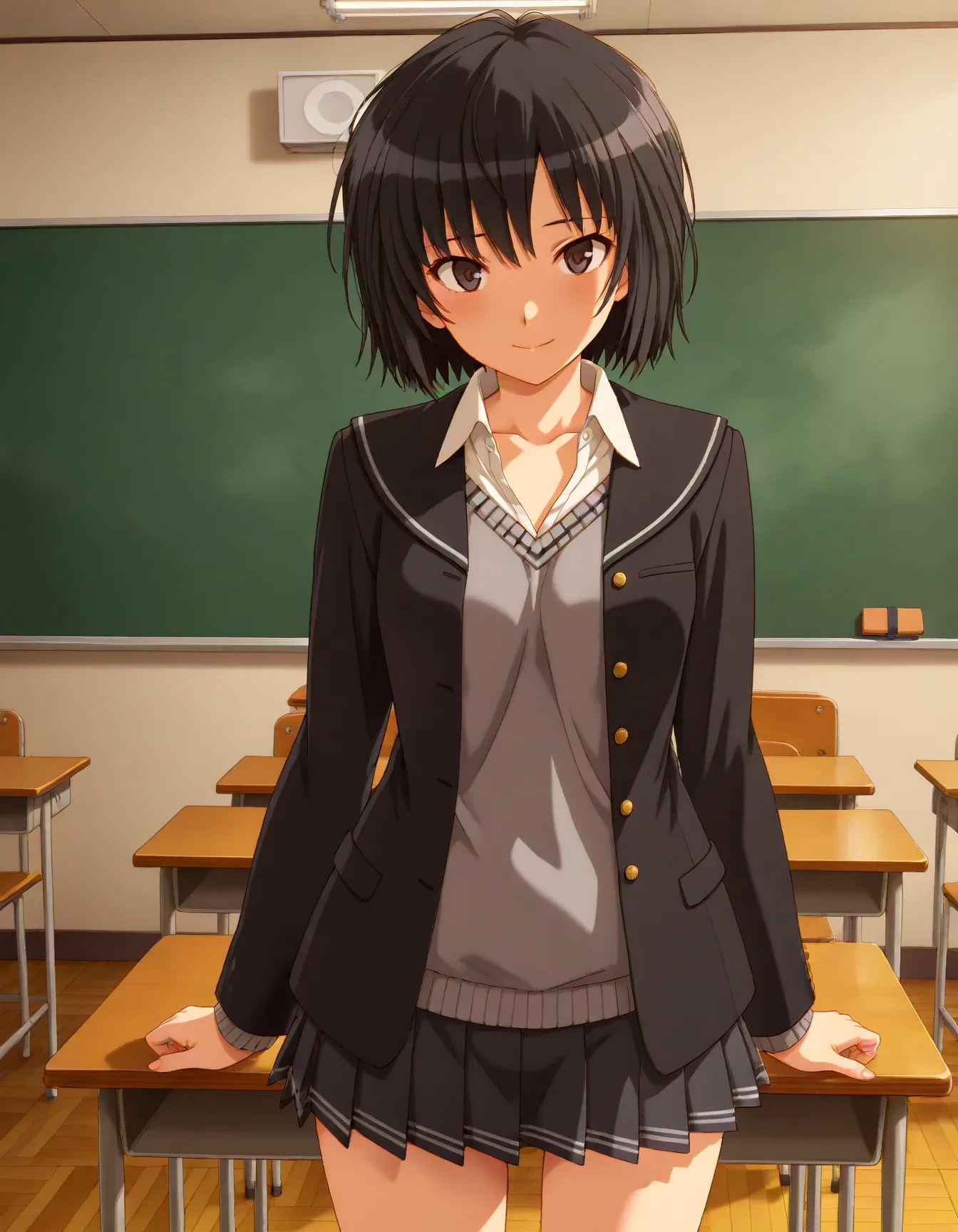 <lora:dmd2_sdxl_4step:1>,1girl,official style,masterpiece,best quality,newest,absurdres,highres,very awa,Anime,anime coloring,anime screencap,<lora:Nanasaki_Ai_V1:1>,nanasaki ai,black hair,short hair,black eyes,black blazer,black sailor collar,collared shirt,grey sweater vest,grey miniskirt,pleated skirt,smile,classroom,leaning_on_object,