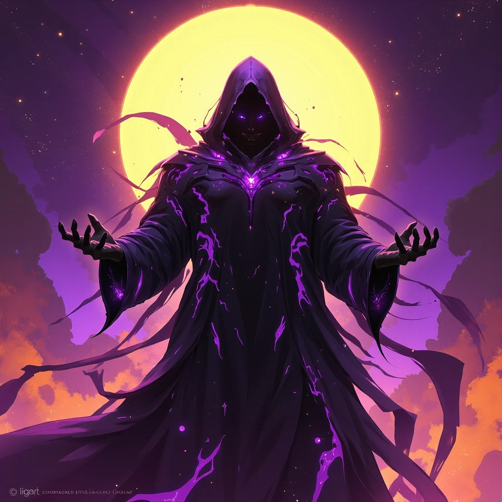 digart Surreal sci-fi digital art style, detailed, A digital illustration shoot from a low angle about a mysterious figure in a dark, hooded cloak with glowing purple accents, standing in the center of the image. the figure, who appears to be a male, is positioned in the middle of the frame, facing the viewer with a confident and determined expression. he is wearing a long, dark cloak with intricate, swirling patterns in shades of black and purple, and his hands are outstretched, as if reaching towards the viewer. the background is a vibrant mix of purple and orange hues, with abstract lines and shapes that create a sense of movement and energy. a large, glowing yellow circle is visible in the background, adding to the sense of depth and dimensionality. the overall style is reminiscent of sci-fi and fantasy art, with a focus on the character's mysterious and powerful presence., (artstation:1.3)
