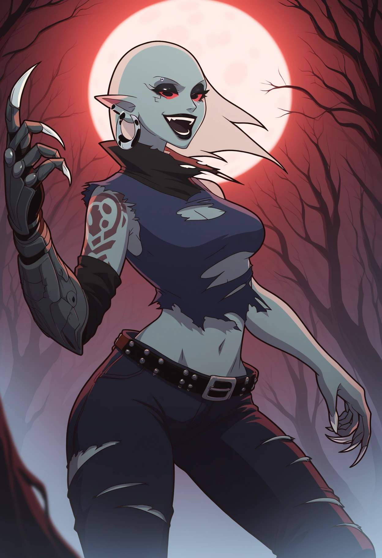 score_9, score_8_up, score_7_up, score_6_up, score_5_up, score_4_up, rating_safe, flat color, BREAK
1girl, solo, jewelry, torn clothes, pointy ears, colored skin, moon, gauntlets, earrings, tattoo, tree, piercing, red moon, smile, looking at viewer, ear piercing, open mouth, outdoors, fewer digits, colored sclera, forest, breasts, single glove, nature, black lips, sharp fingernails, huge moon, belt, grey skin, teeth, gloves, black eyes, medium breasts, fingernails
<lora:manyakisv2:1>