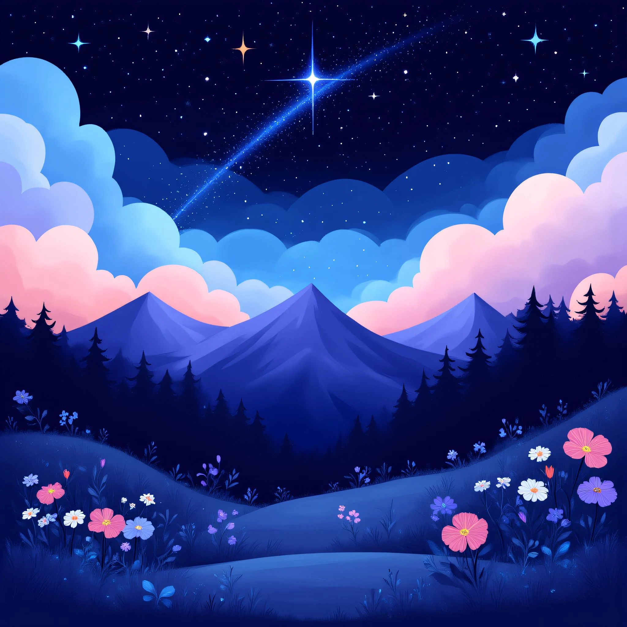 ArsMJStyle, Flat Cartoon Illustration, The image shows a cartoon landscape with a shooting star in the sky over a mountain range. The sky is filled with stars and clouds and the ground is covered with plants and flowers., no humans, sky, night, star (sky), flower, scenery, outdoors, starry sky, night sky, grass