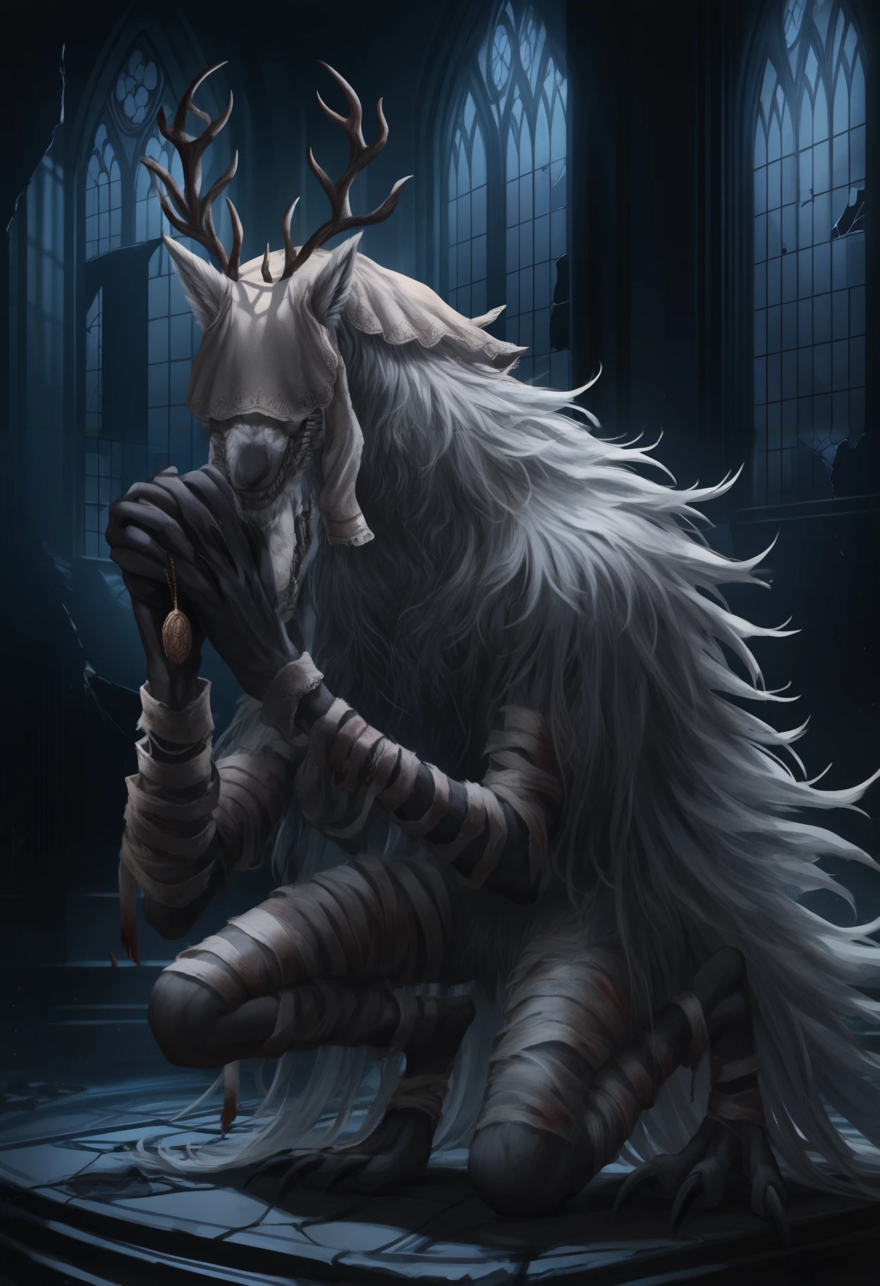 masterpiece, best quality, newest, hdr, dark, night, indoors, church, broken window, alter, closed mouth, solo, 1ma1v0r, amulet, antlers, white bandages, bandaged arm, bandaged leg, claws, digitigrade, monster, sharp teeth, fangs, snout, white veil over eyes, covered eyes, werewolf, white fur, white hair, long hair, no humans,
holding amulet, own hands together, praying
<lora:Vicar Amelia:1>