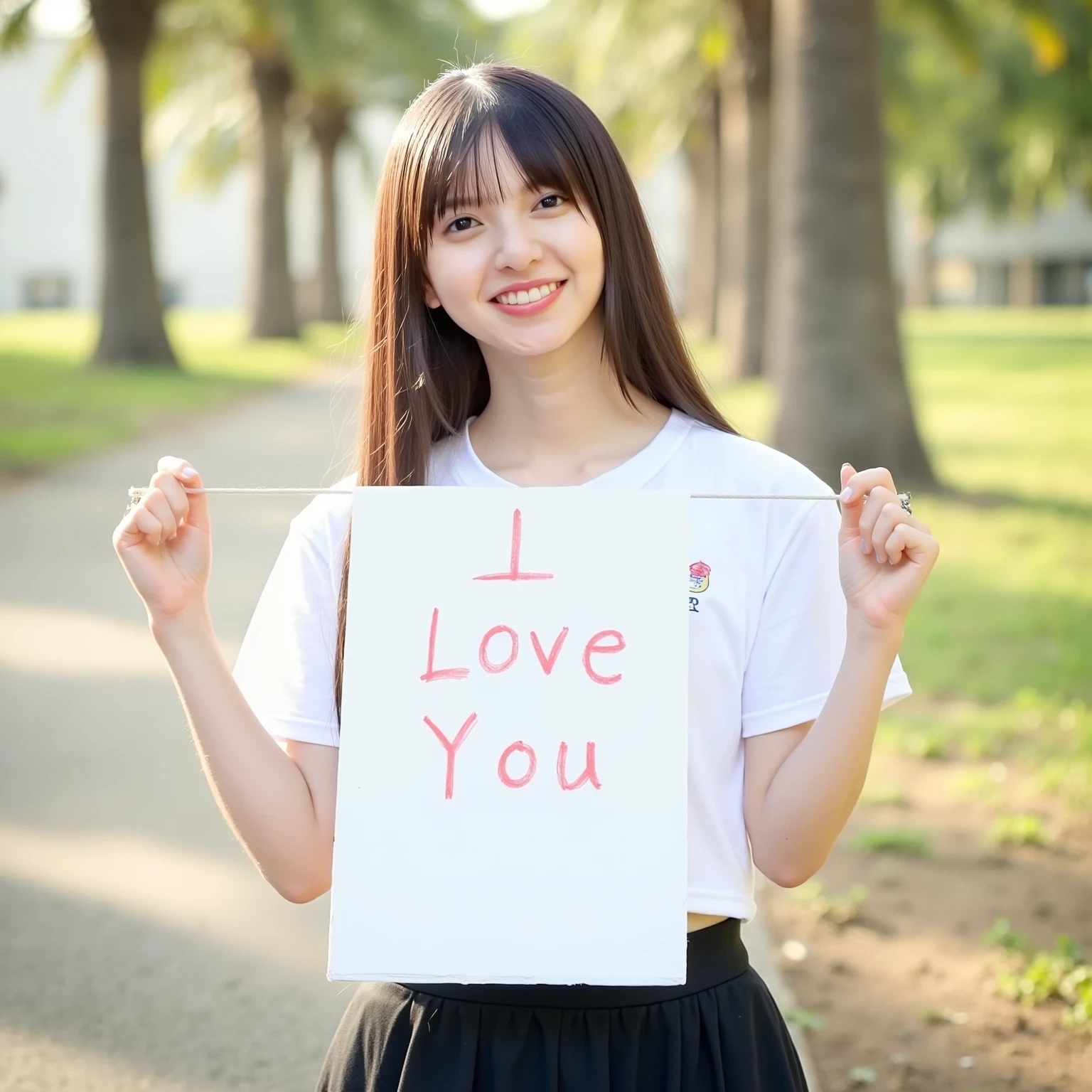 asuka. This image is a highly detailed close-up photograph of a young woman's upper body, focusing on her hands and torso. She is sitting on a park bench lined with palm trees. She is holding a white board with the words "I Love You" written on it with both hands. She is wearing a white T-shirt and a black mini skirt. Her hair is long, falling past her shoulders, and her eyes are brown. She is tilting her head while smiling and looking directly at the camera (us). The overall atmosphere is calm, and the lighting is natural with a soft warm tone.