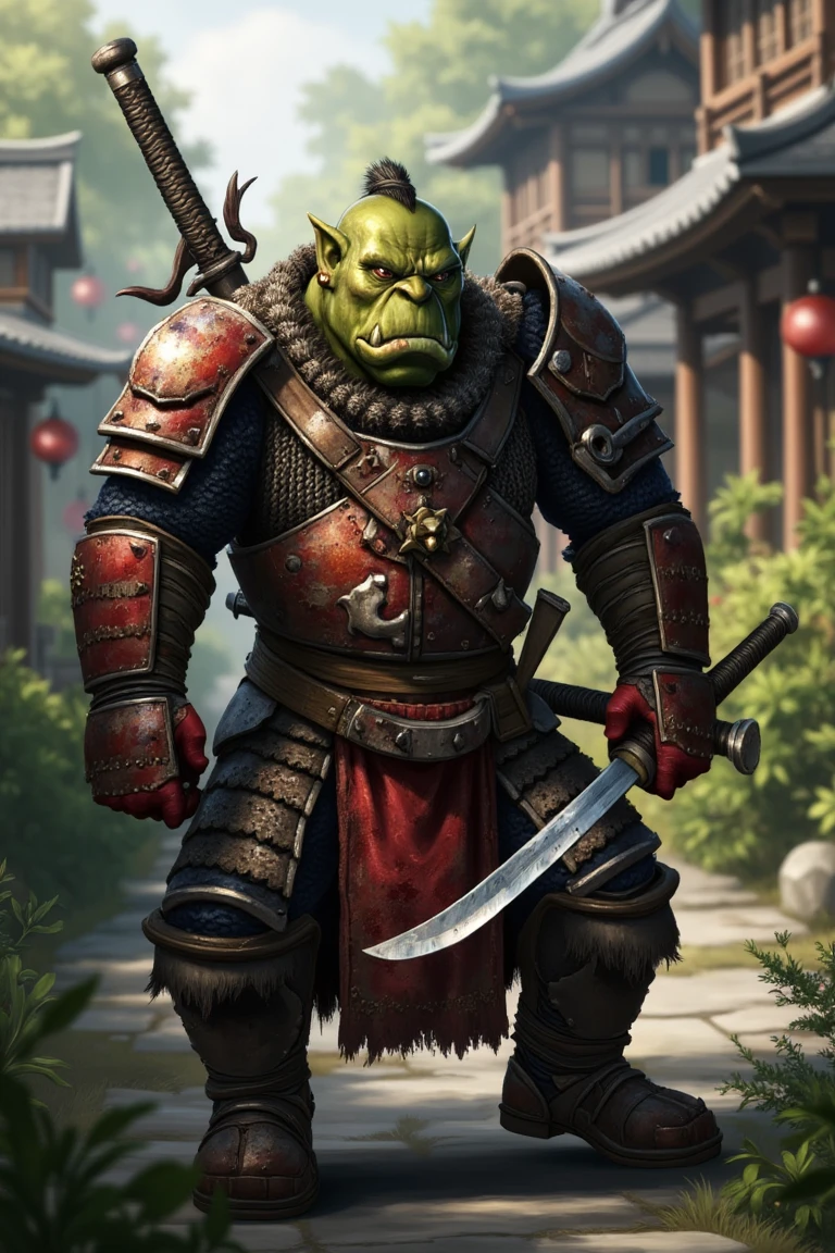 An orc as a samurai warrior, wearing samurai armor and holding a katana, stands in a Japanese-style town outdoors. He is focused on his defensive stance, with visible cuts and signs of prolonged battle, ready for more action. The shot is framed to capture the tension and determination on his face, with traditional Japanese architecture and lush gardens in the background. The lighting is soft yet dramatic, casting shadows that enhance the scene's intensity. The composition highlights his resilience and combat readiness, emphasizing the clash of nature and martial discipline.