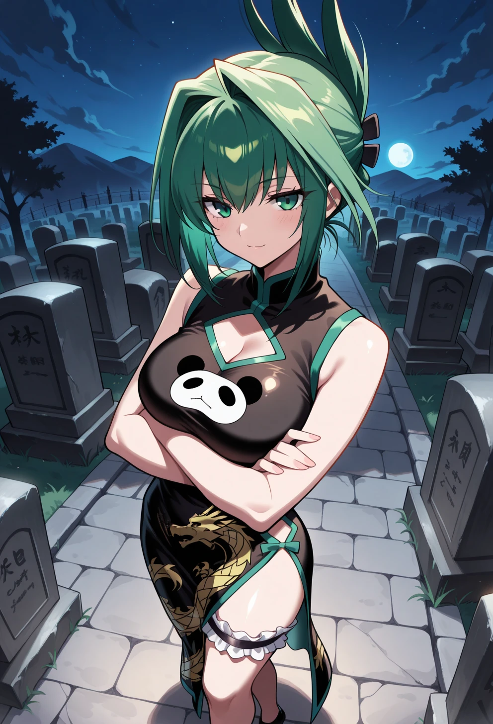 masterpiece, best quality, high quality, anime, <lora:AEJun:1>
AEJun, green eyes, green hair, hair intakes, folded ponytail, bare shoulders, black dress, sleeveless dress, cleavage cutout, dragon print, side slit, panda print, bridal garter, black footwear,
light smile, crossed arms, night sky, graveyard,