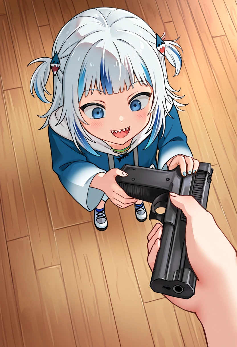 (masterpiece, high quality, amazing detail), go_do_a_crime_(meme), 1girl, gawr gura, smile, open mouth, handgun, pov, floor, wooden floor, tiled floor, <lora:go_do_a_crime_meme-10:0.9>