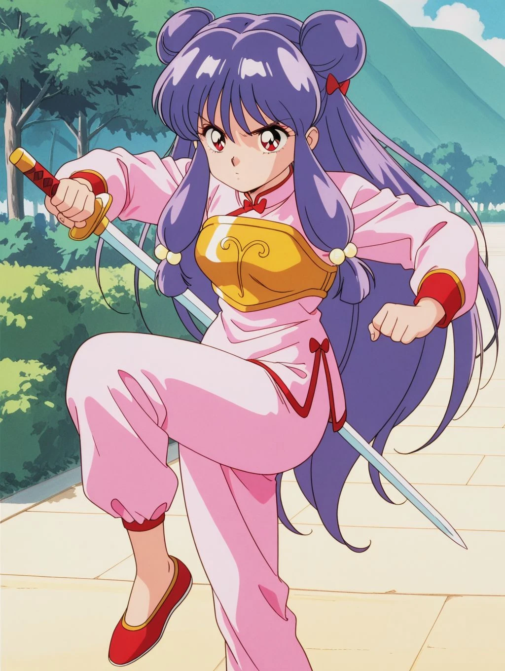 masterpiece, best quality, newest, absurdres, highres, detailed eyes, beautiful, detailed background, perfect eyes, anime coloring, anime screencap, retro artstyle, 1990s \(style\), shampoo, purple hair,  long hair, sidelocks, hair bobbles, double bun, hair ribbon, red eyes, medium breasts, chinese clothes, pink shirt, long sleeves, pink pants, breastplate, holding sword, fighting pose, black chinese shoes, (outdoors), <lora:sh4mp00_rnm-08:0.8>