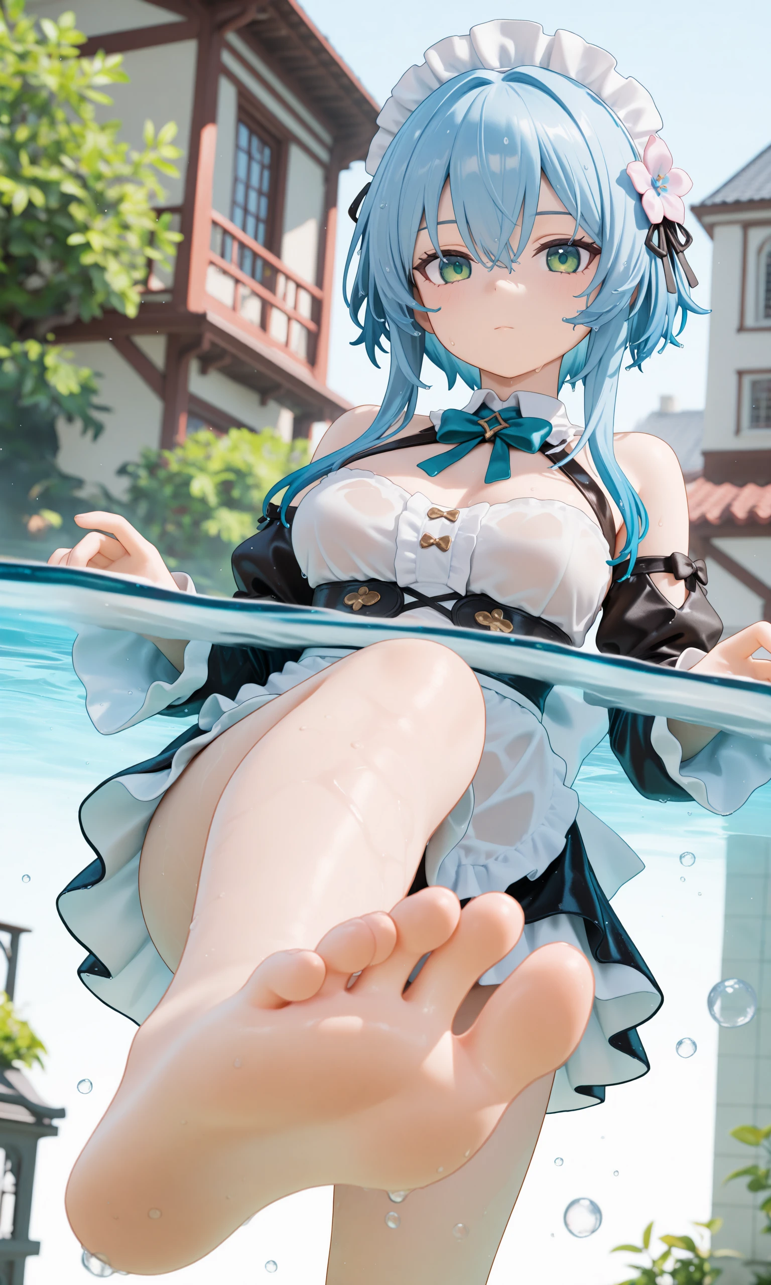 1girl,perfect feet,foot focus,feet,green eyes,maid headdress,blue hair,detached sleeves,looking at viewer,maid,bare shoulders,upper body,sidelocks,hair ornament,long sleeves,short hair with long locks,breasts,closed mouth,bow,ribbon,hair flower,frills,sleeveless,shirt,flower,expressionless,building,hair between eyes,half body,wet hair,(partially underwater shot:1.3),(partially submerged),bubbles,(floatation),, ,masterpiece, best quality, absurdres, newest, very aesthetic, amazing quality,highres,sensitive, highres, ultra detailed, best anatomy, HDR, 8K, high detail RAW color art, high contrast, large pupil,