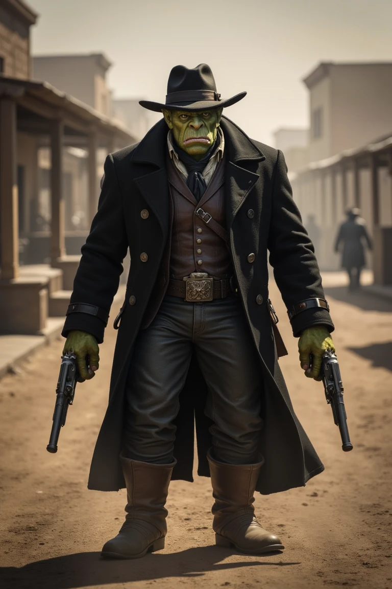 An orc as a gunslinger, wearing a black cowboy hat and a black coat with typical outlaw attire, stands in the middle of a dusty street in an old West town. He holds two guns, ready for a duel. The shot is framed to capture the tension and determination on his face, with the dusty street and weathered buildings in the background. The lighting is harsh and contrasty, emphasizing the gritty, high-noon atmosphere. The composition highlights his imposing presence and the sense of impending action.