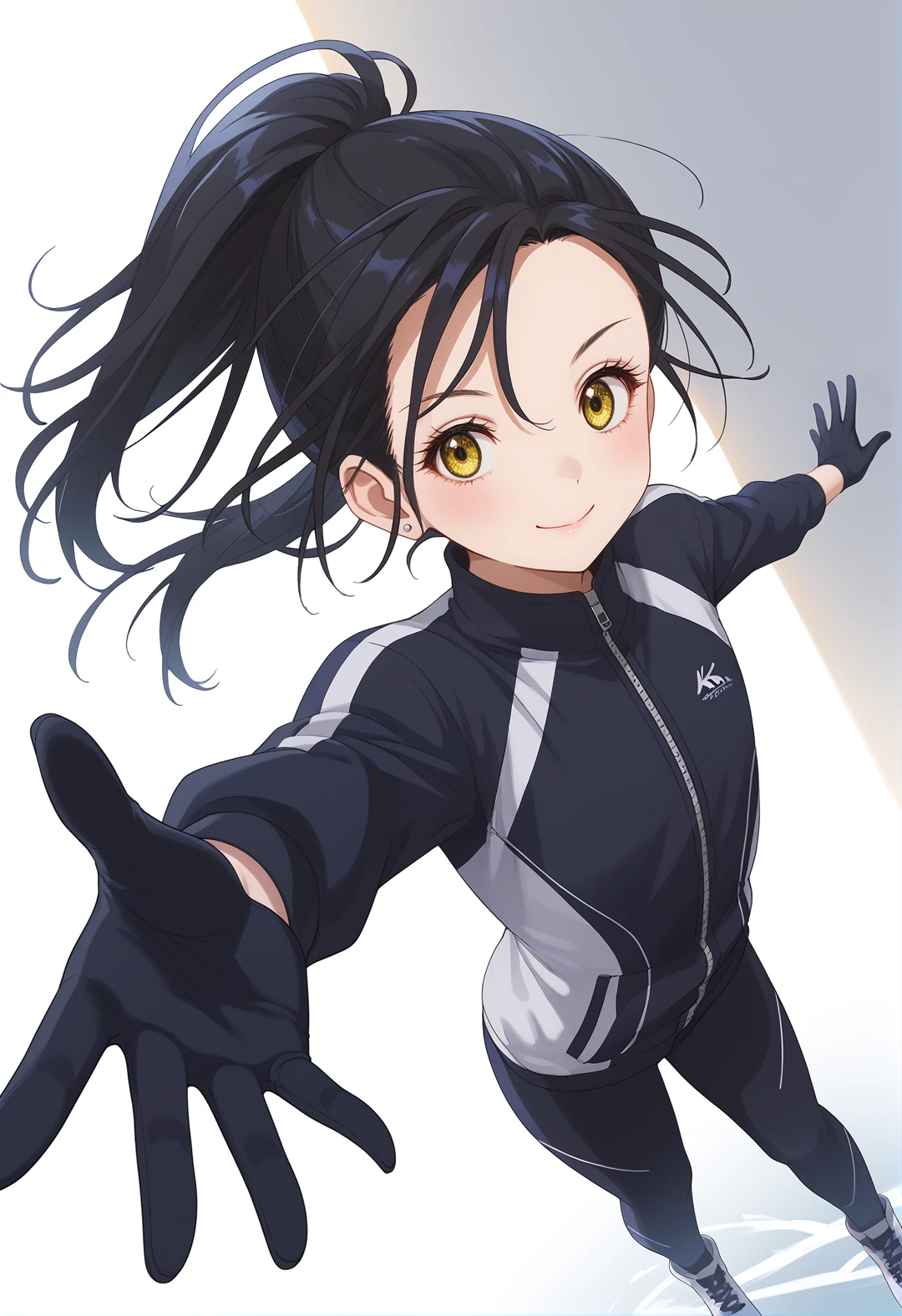 <lora:Hikaru KAMISAKI_1.0_pony-000018:1>,
(score_9,score_8_up,score_7_up, ),
KHA_two,solo,smile,yellow eyes,earrings,looking at viewer,black hair,ponytail,black sportswear,black gloves,closed mouth,cowboy_shot,
dynamic_angle,reaching,skating