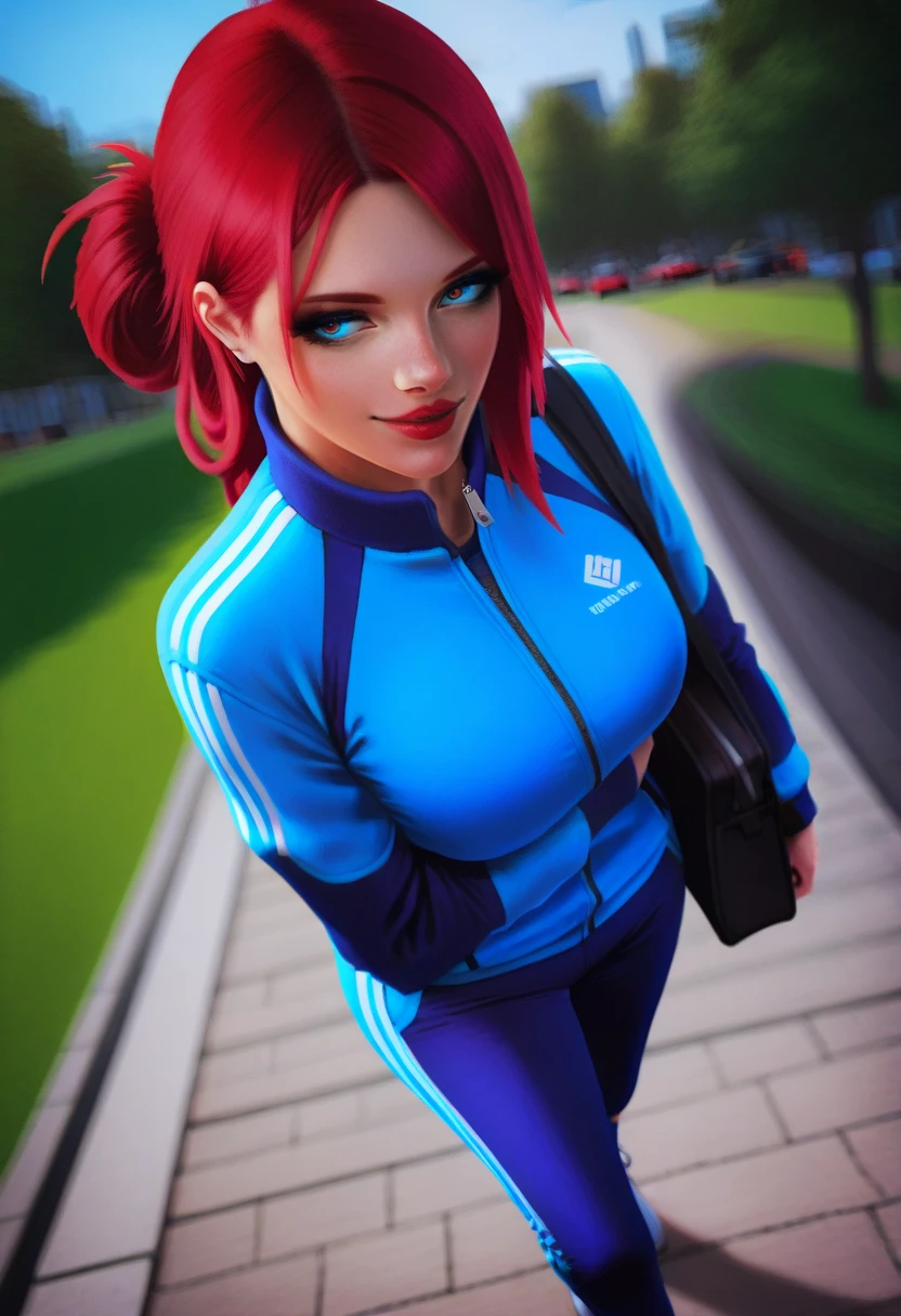 Madikat, masterpiece \(quality\), best quality, artist:monori rogue, extremely beautiful woman, redhead, jogging in city park, track suit, high detail, high definition, seductive, inviting, score_9, score_8_up, score_7_up