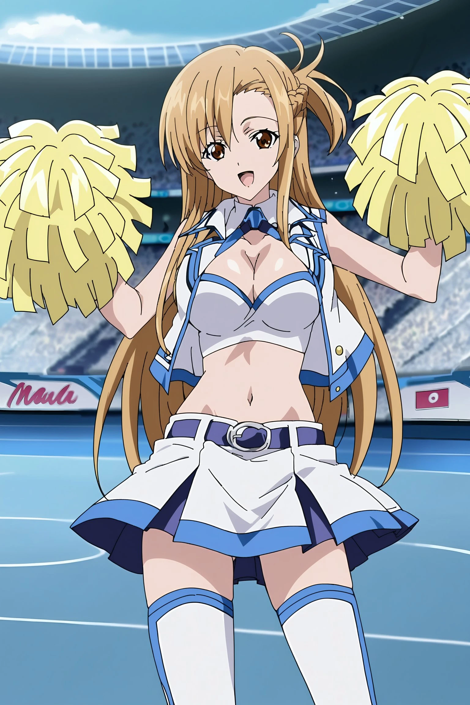 _an_stl, source_anime, anime screencap, anime, animification, anime coloring, best quality, highres,high-resolution, masterpiece, official art, official style, source_anime, anime, original anime style, extremely detailed, stadium, 1 girl, solo, asuna \(SAO\) , cheerleader_yugi, cheerleader, skirt, miniskirt, belt, midriff, vest, crop top, thighhighs, zettai ryouiki, cleavage, pom pom \(cheerleading\), cheering,
