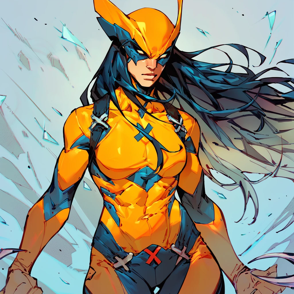score_9,score_8, score_8_up,score_7, <lora:x23Pony:1>, x23wolv,1 girl, cowboy shot, black hair, yellow bodysuit, dual claws, long hair