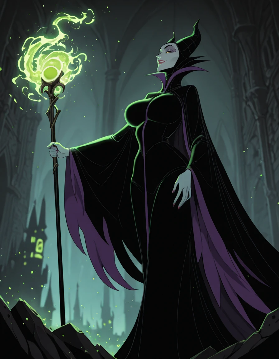 masterpiece, best quality, 1girl, solo, absurdres,
Maleficentdg,
colored skin, yellow sclera, black eyes, lips,
horned headwear, wide sleeves, high collar, black cape,
large breasts,
from below , Walking with one hand brushing hair back,
half-closed eyes, smile, parted lips,
castle, interior,
blurry background,
lips, eyelashes, eyeliner,
holding staff, battle, fighting stance,green magic, lips,
neon lights, glowing, dim_lighting,
blurry background,
destruction, fantasy,
embedding:SmoothQuality,