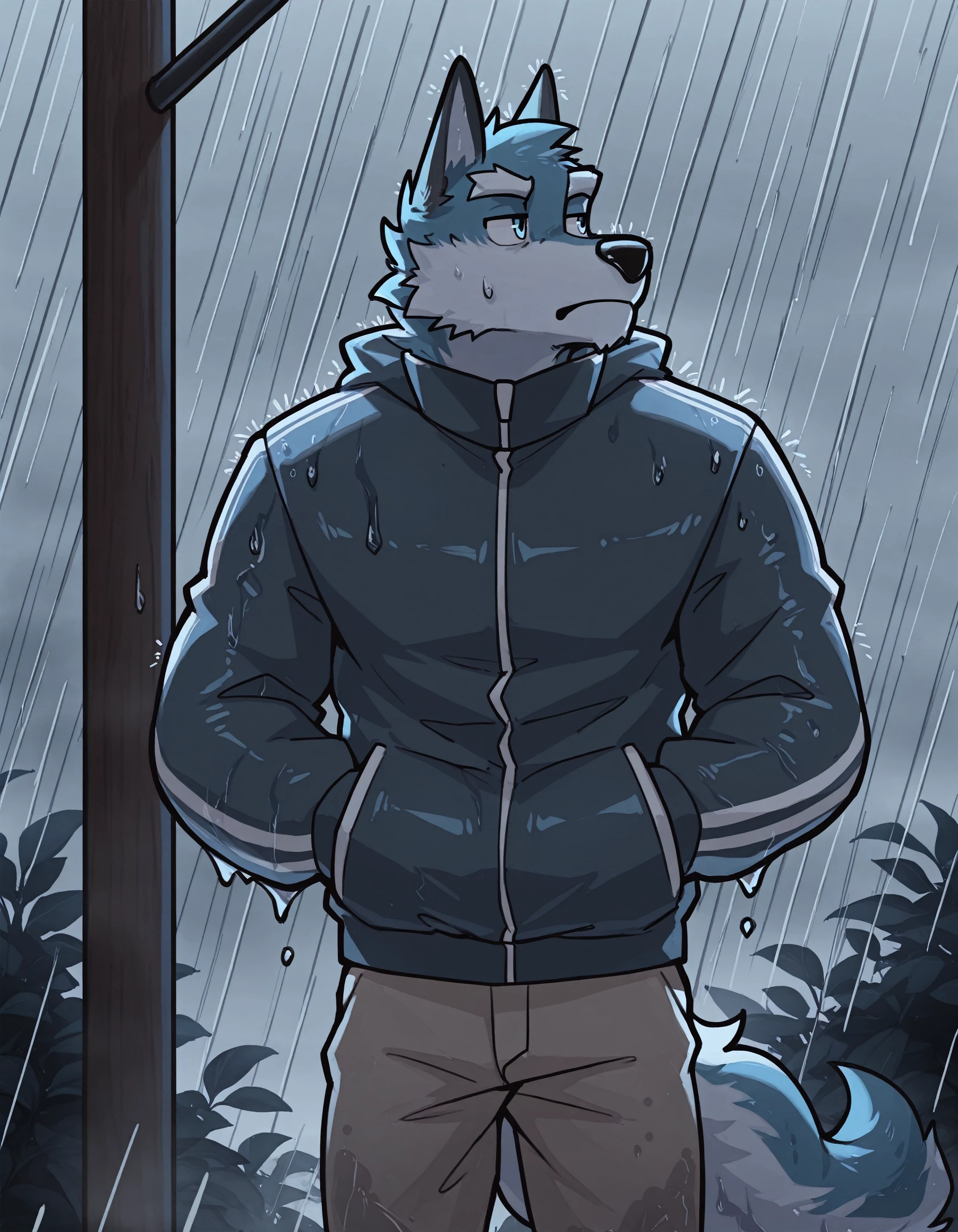 1boy, by gr3yyy. A drawing of an anthro wolf wearing a jacket and pants standing outside in the rain. He is looking upset about the rain soaking his clothes. solo, ArgoIL, male, bara, muscular, anthro, wolf, two-tone body, blue fur, white fur, blue eyes, jacket, pants, soaked, wet, unamused, detailed background, outdoors, rain, gloomy, cold. BREAK good lighting. <lora:ArgoIL.safetensors:1.0>, <lora:Greyyy_Artist_Style_Illustrious.safetensors:1.0>,