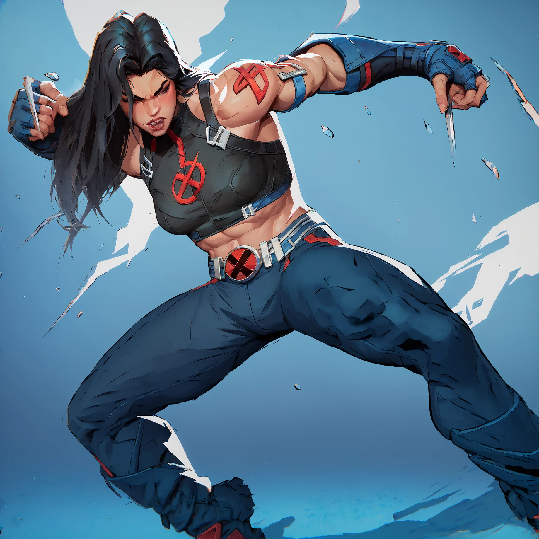 score_9,score_8, score_8_up,score_7, <lora:x23Pony:1>, x23wolv,1girl,black top, black hair,black crop top ,long hair, leggins, <lora:last:1> ,mrvlrvls solo, full body, fighting pose, midriff