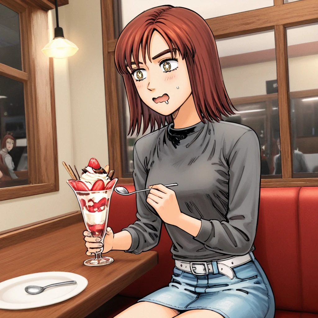 masterpiece, best quality, <lora:IwaseKyoukoVer3:1> iwase kyouko,black shirt, long sleeves, thick eyebrows, medium breasts, denim skirt, white belt, cowboy shot, sitting in restaurant, booth seating, window, star-shaped pupils, happy, drool, wavy mouth, holding spoon, parfait, open mouth,