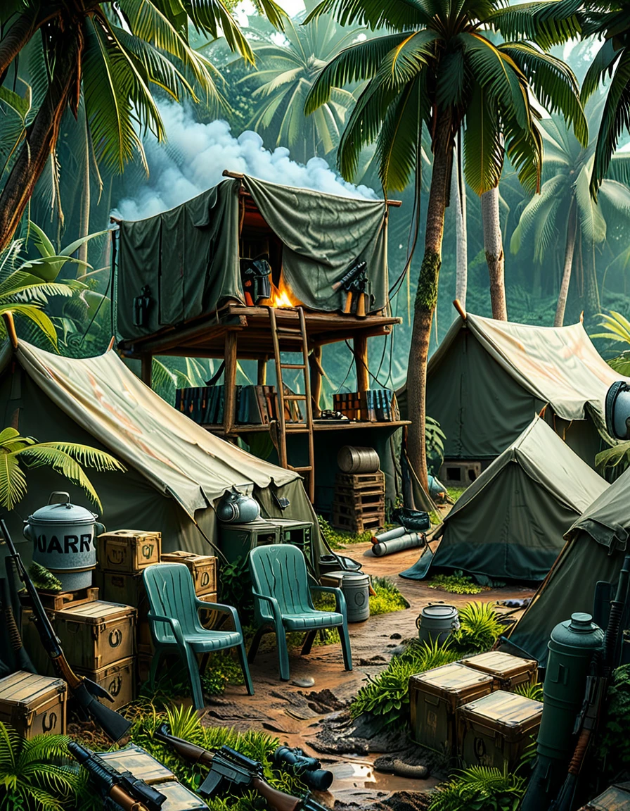 A high-resolution photograph captures a rugged mercenary camp set deep in a dense jungle at dusk. The camp is illuminated by flickering torchlight and the soft glow of portable LED lamps. Tents made of camouflage fabric are scattered around, some reinforced with sandbags. In the center, a group of battle-hardened mercenaries, clad in tactical gear and carrying assault rifles, sit around a makeshift table, studying a map with intense focus. Nearby, a few soldiers clean their weapons while others stand guard, scanning the perimeter. A military jeep, covered in mud, is parked beside a stack of crates marked with ammunition symbols. Smoke rises from a small firepit where a kettle boils, adding to the gritty yet atmospheric realism of the scene. The air is thick with tension and the sounds of distant wildlife. The image is ultra-detailed, with cinematic lighting and a dramatic, high-contrast color palette, emphasizing the dangerous and clandestine nature of the camp.<lora:SDXLFaeTastic2400:0.4> <lora:extremely_detailed:0.4> extremely detailed, <lora:mercenary_c4mp:1>,mercenary c4mp, Masterpiece,best quality,hi res,8k,hi res,8k,award winning,(sharp focus, intricate, highly detailed),