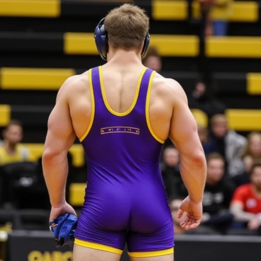 Singlet . This photograph captures a muscular, male wrestler standing in a wrestling room, likely at an indoor practice or competition. He has a fit, muscular build with broad shoulders and a well-defined back and legs. His skin tone is fair, and he has short, light brown hair. He is wearing a tight, sleeveless, purple wrestling singlet with yellow trim around the armholes and waistband. The singlet is made of a stretchy, synthetic material that clings to his muscular physique, accentuating his strong, athletic body. The singlet has a simple, stylized emblem on the back, featuring a horizontal design in the same purple and yellow colors. He holds a blue wrestling headgear, known as a mouthpiece, in his left hand, and his right hand is partially visible, suggesting he might be holding or adjusting his equipment. The background shows a typical wrestling room setup: rows of bleachers or seating with black and yellow stripes, indicative of a collegiate or high school setting. There are other people, partially visible in the background, some seated on the benches and others standing, possibly coaches or teammates, attired in casual or athletic clothing. The lighting is bright, typical of an indoor setting with overhead lights, casting no shadows on the subjects.