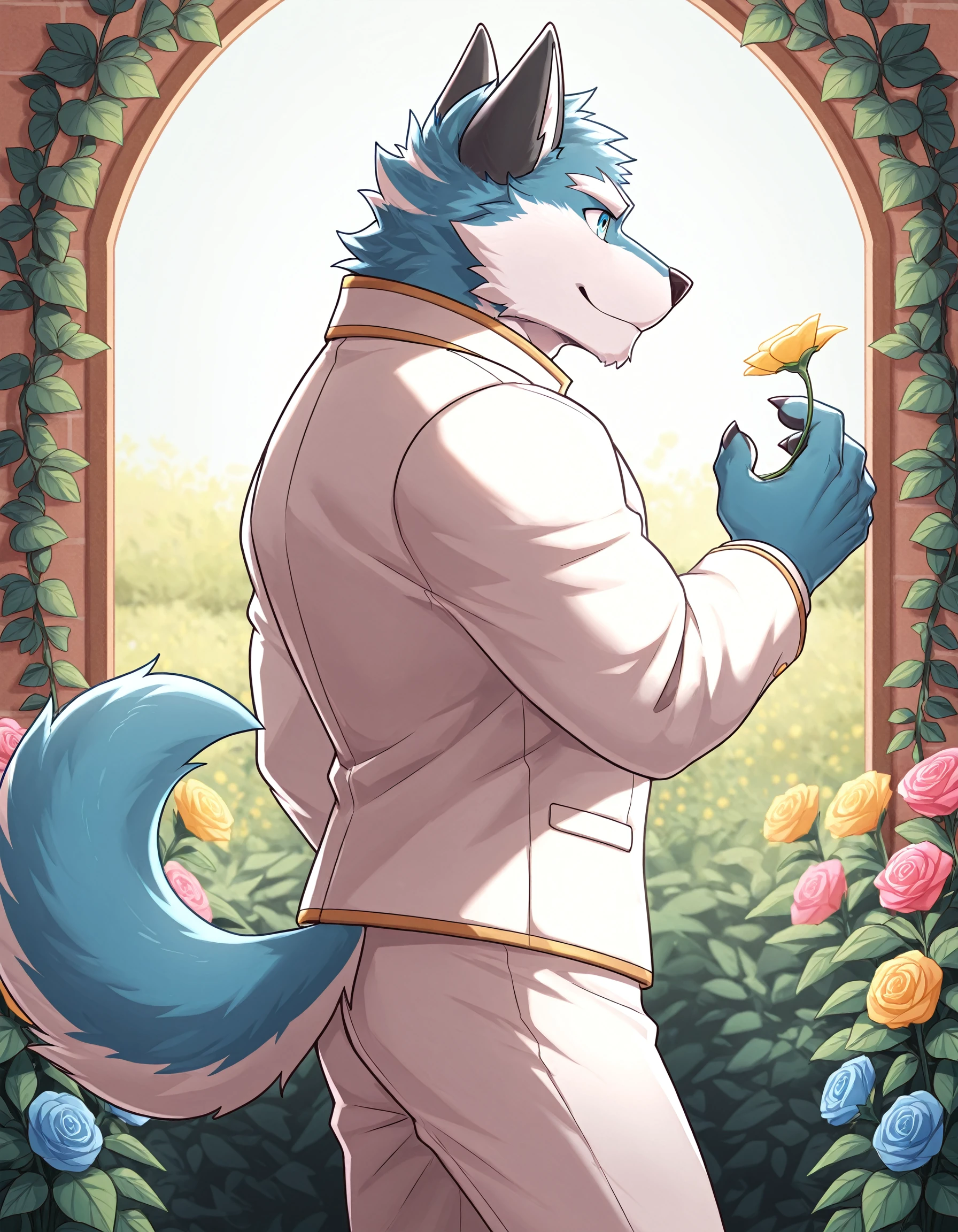 1boy. A drawing of a nude anthro wolf wearing a white jacket with gold trims and white pants. He is standing in the garden of a regal academy made in marble stone. He is looking out over the flowers of many different vibrant colors. It is a sunny day. solo, ArgoIL, male, bara, muscular, anthro, wolf, two-tone body, blue fur, white fur, blue eyes, claws, paws, white jacket, white pants, standing, (side view:0.7), flowers, vibrant, many colors, detailed background, garden, sunny, academy. BREAK good lighting. <lora:ArgoIL.safetensors:1.0>,