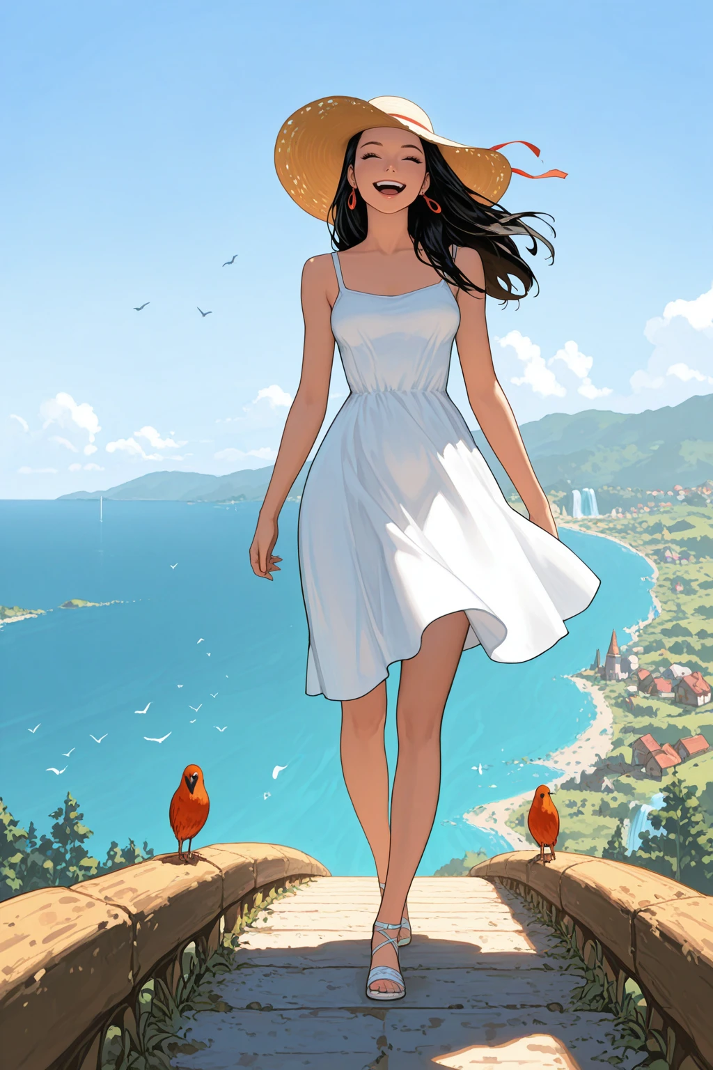 masterpiece, good quality, best quality, very awa, very as2, absurdres, highres
<lora:ElektrailluLoRA:1>elktra, long hair, earrings, summer dress, happy, summer hat, walking, windy , in a small village, coast, birds, waterfall in distance
<lora:Blade & SoulStylelluLYCO:1> bns, portrait
