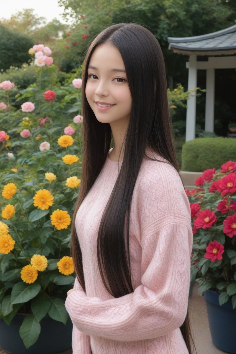 masterpiece, 20 years old, 8k, hd, beautiful girl, black hair, very long hair, straight hair, smile,
1girl, detailed face, beautiful woman's face, japanese, sweater, garden, full of flowers, looking at viewer, upper body, half body,realistic,